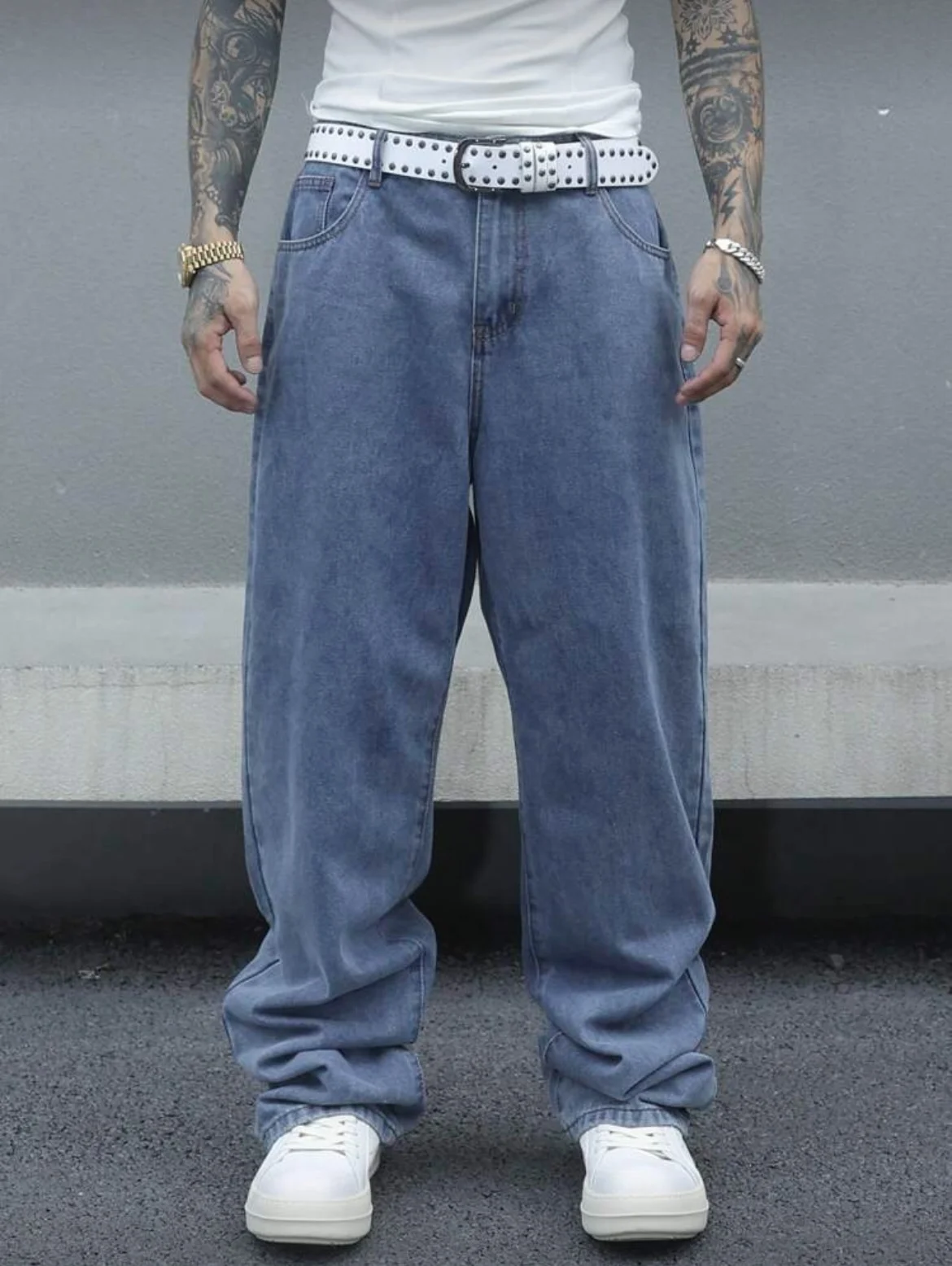 Vintage losvallende gewassen blauwe jeans voor heren, denimbroek met wijde pijpen en rechte pijpen, casual retrostijl, lichtblauw, comfort voor het hele seizoen