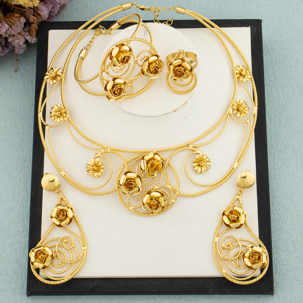 Dubai Jewelry Set for Women Gold Color Water Drop Earrings Flower Necklace Bangle Ring Italy African Lady Elegant Bride Jewelry