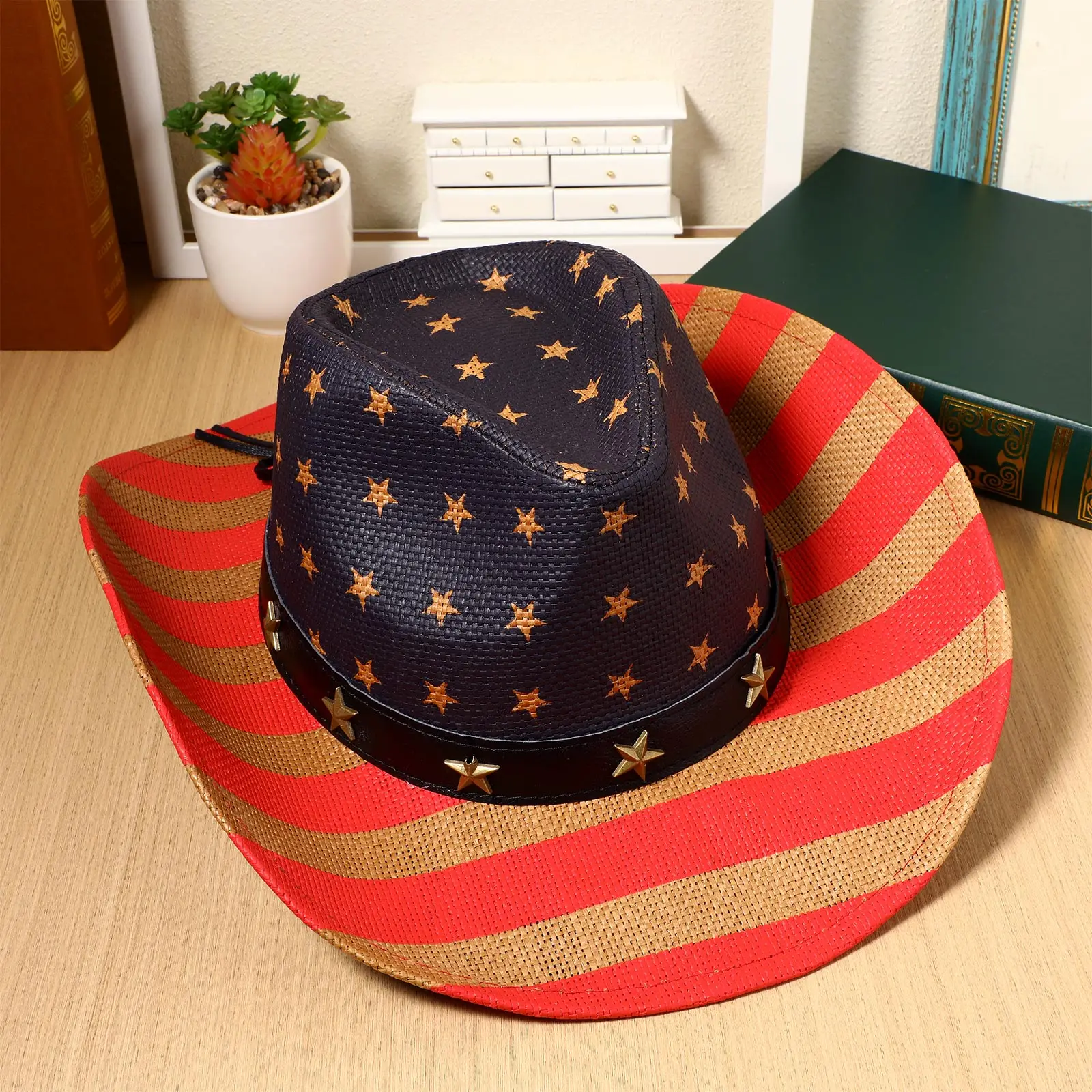 

1pc Unisex Straw Cowboy Sun Hat For Cosplay Stage Dance Performance Western Costume Accessories Independence Day Decorative Hat