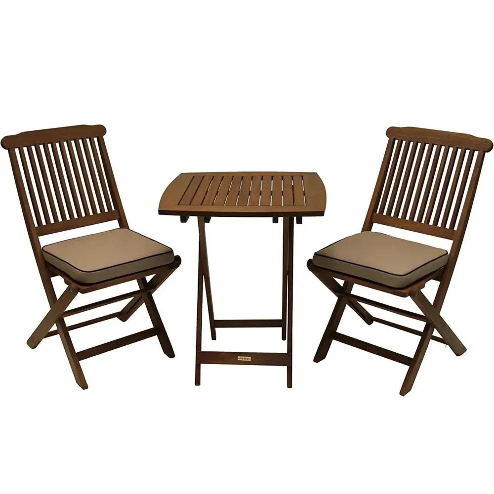 

Eucalyptus Wood 3Piece Square Foldable Bistro Outdoor Furniture Patio Set, Table and 2 Chairs with Cushions, Beige