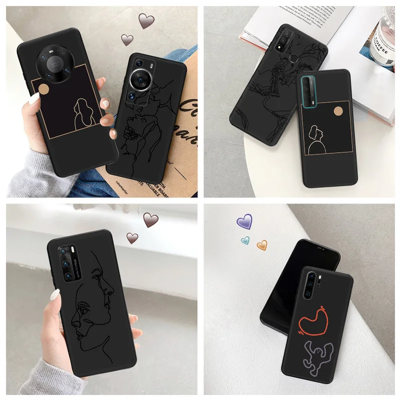 Silicone Black Phone Case for Motorola G200 5G G30 G31 One Fusion Moon Lovers Line Art Couple Huawei P40 P30 P20 iphone6 Cover