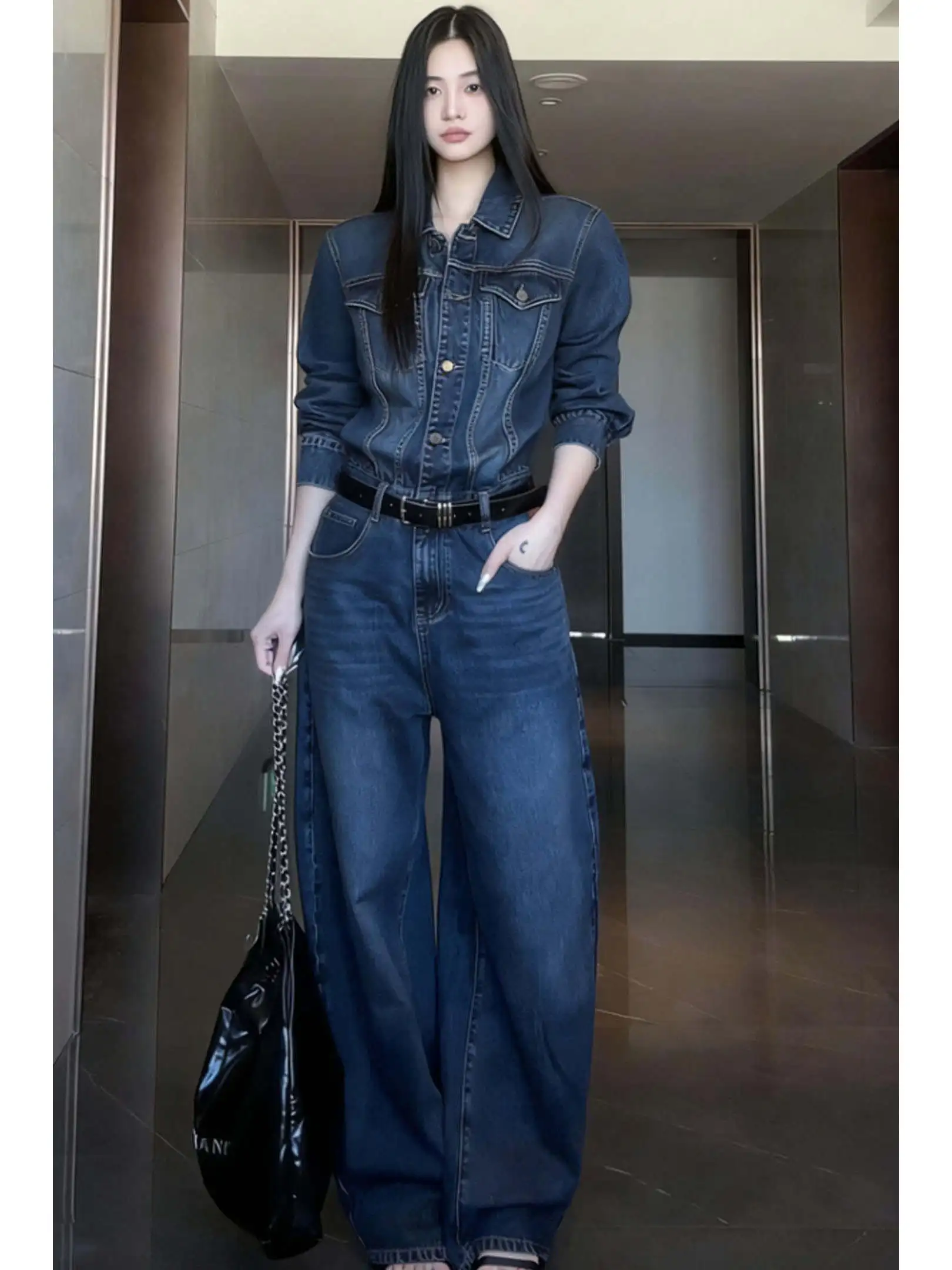 

Vintage Early Spring Casual High Waist Wide Leg One-Piece Overalls with Belt Denim Loose Slimming Knife Collar