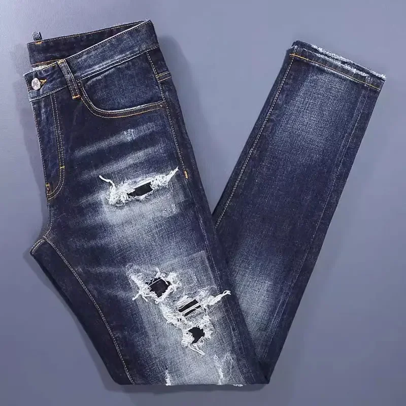 Jeans rasgado azul retrô masculino, calça stretch, calça slim fit, designer remendada, marca hip-hop, moda de rua alta