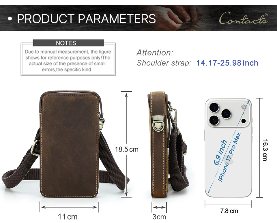 CONTACT'S Echtleder-Umhängetasche für Herren, Vintage-Hüfttasche für Handys, passend für 6,9" iPhone 17 Pro Max, Herren-Reise-Umhängetasche – Detail 4