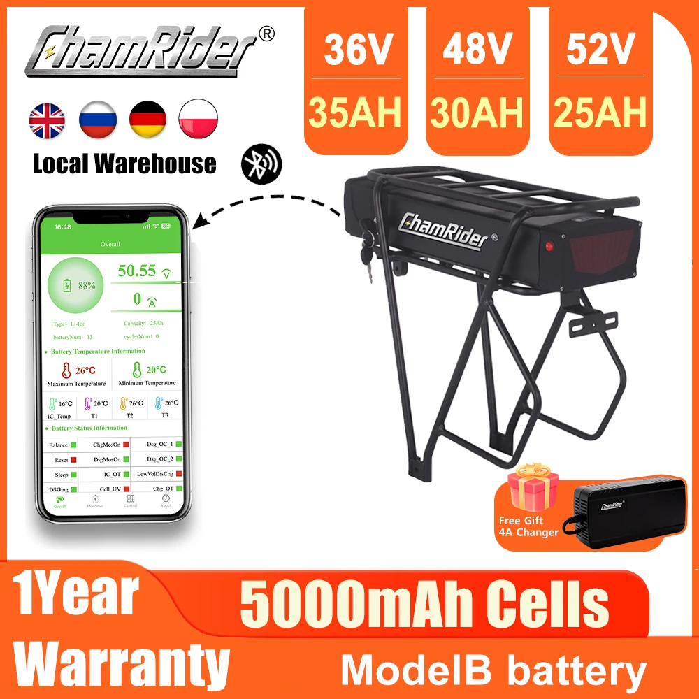 

ChamRider Rear Rack Model B Battery 48V 52V Electric Bike Battery 36V 21700 Cell 50A BMS MTB Lithium Battery Powerful Capacity