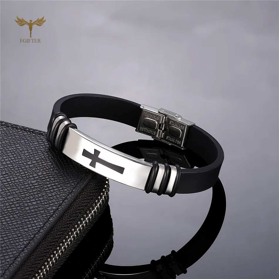 High Quality Stainless Steel Cross Bracelets For Men Women Washable Black Rubber Wristband Catholic Church Jewelry Accessories