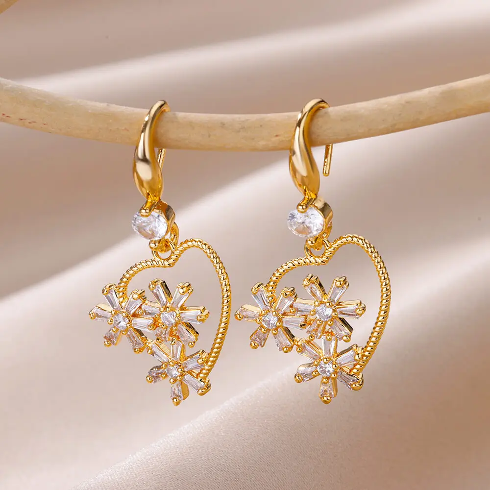 Korean Fashion Stainless Steel Gold Color Hoop Earrings For Women Luxury Zircon Turkish Devil\'s Eye Heart Drop Earring  Jewelry