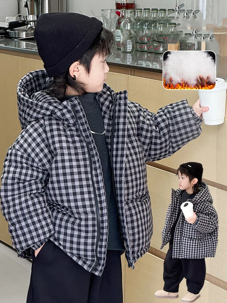 Winter Children Boy Down Jacket Thicken Hooded Plaid Elastic Cuffs Kid Boy Outerwear Korean Style Soft Warm 2-10Y Boys Warm Coat