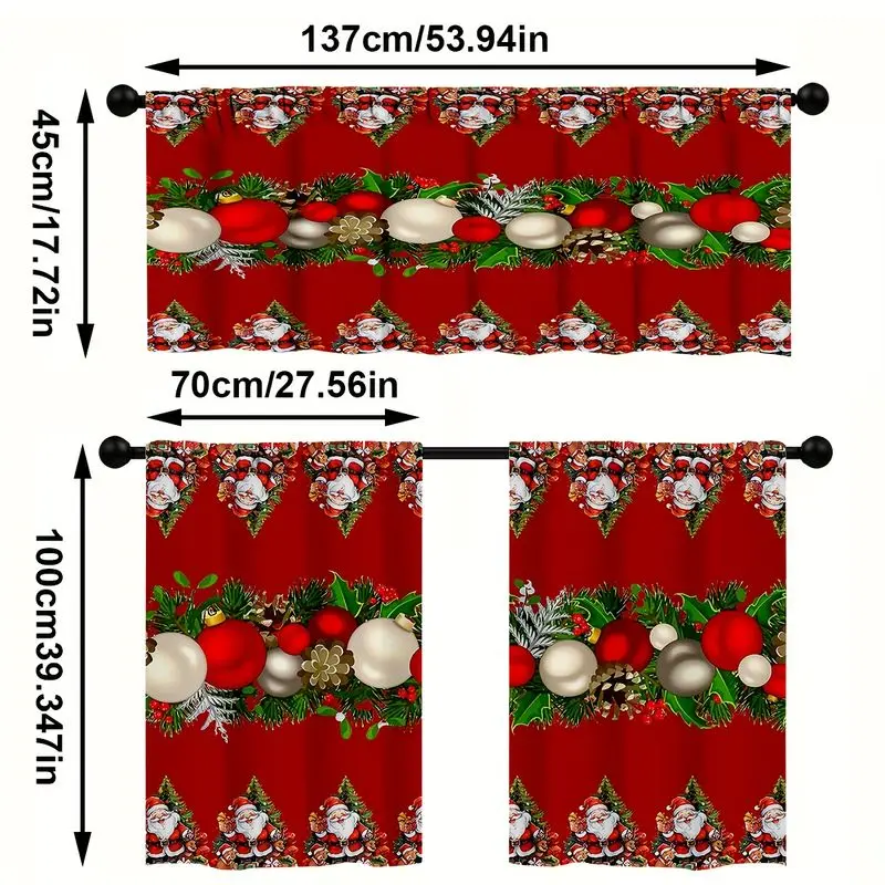 VIKAMA Christmas Kitchen Curtain Red Santa Holly Ball Print Window Curtain Tier Kitchen Sink Decor Holiday Winter Cozy Home