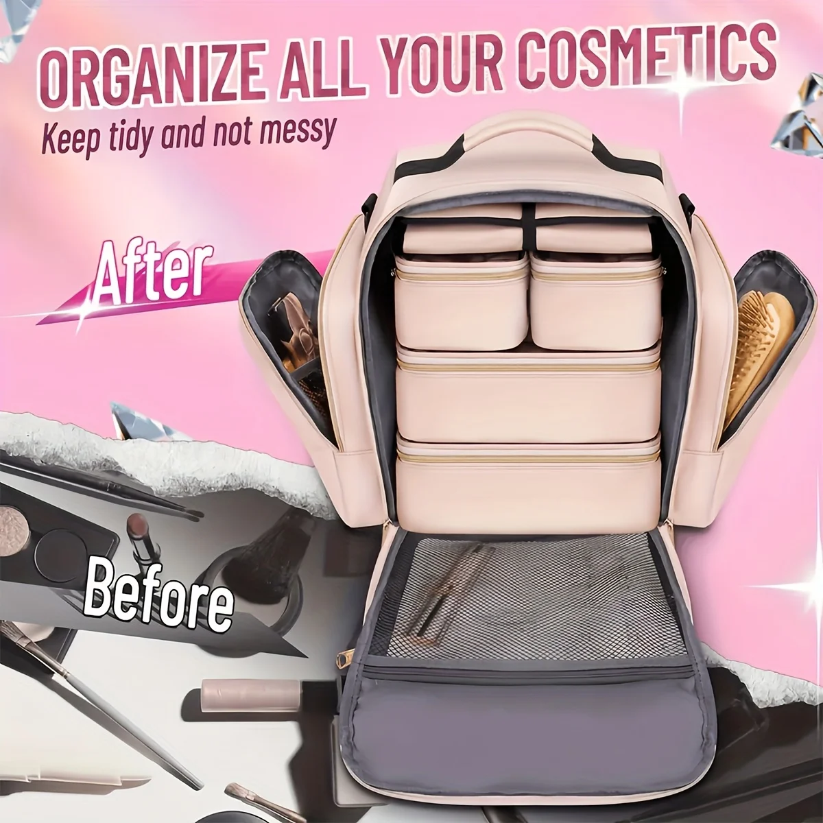 Women'S Makeup Bag Multi-Layer Removable Cases Jewelry Organizer Roll Travel Cosmetic Organizer Bag Storage Pockets Cosmetic Bag