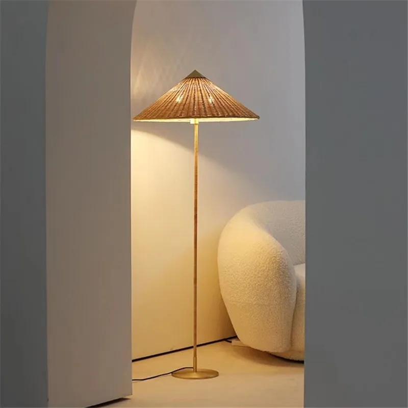 Bamboo Floor Lamp  Vintage wooden woven straw hat lamp Living Room Bedroom Sofa Corner Standing Light Home Decor bedside lamp