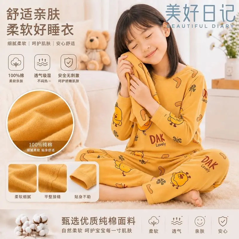 Girls' Summer Thin Cotton Pajamas Set Baby Loungewear Long-sleeved Air-conditioning Clothes Spring Autumn Trousers