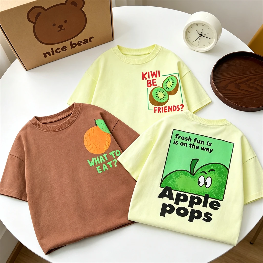 Camiseta Infantil Fofa para Crianças de 1 a 7 Anos, Blusa Estampada de Verão com Frutas, Camiseta Simples Versátil, Camisa Base Fina de Manga Curta para Bebês Meninos