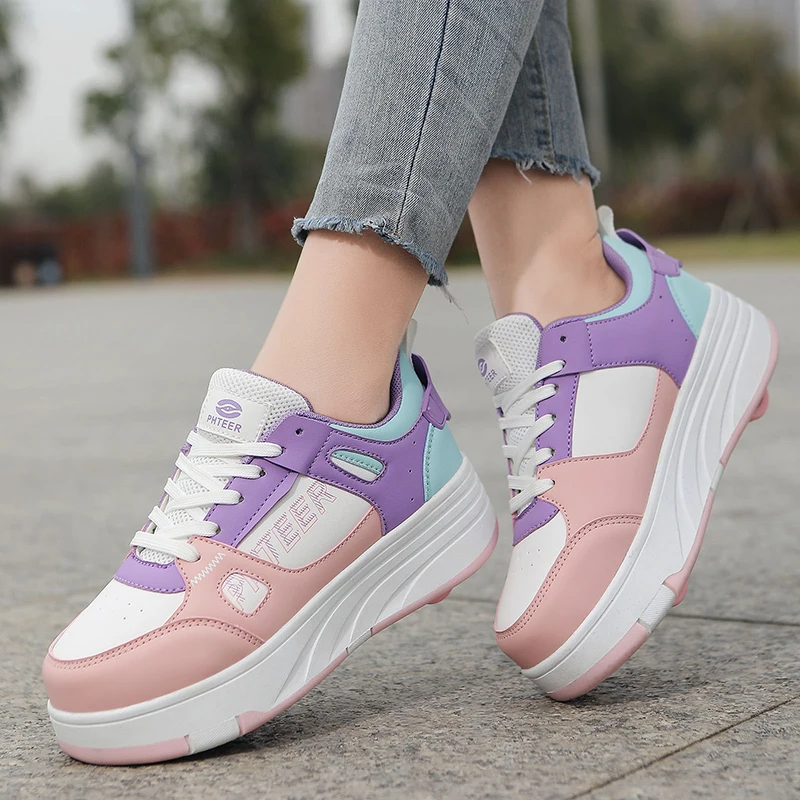 أحذية تزلج عصرية ذات صف مزدوج بأربع عجلات مع عجلات أحذية رياضية دوارة مزدوجة الأغراض للأطفال والكبار