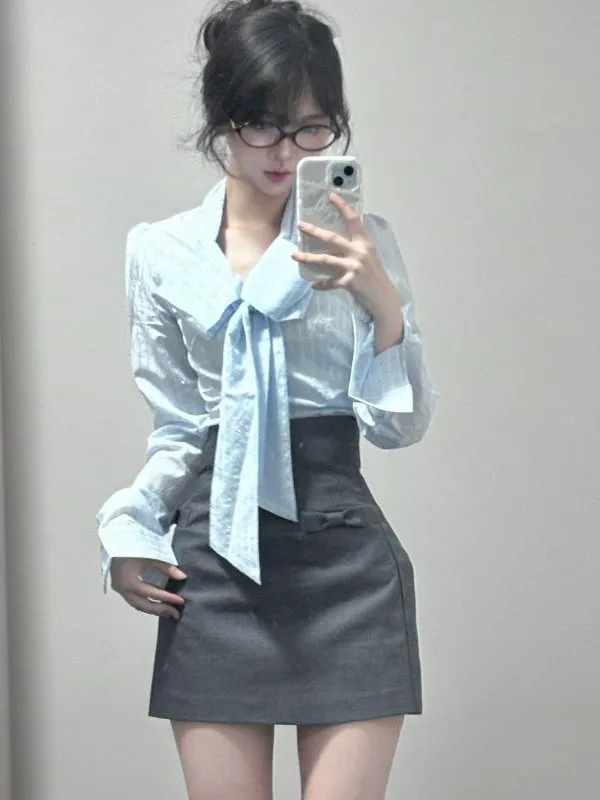 

Spring 2025 Women's Long Sleeve Shirt And High Waist Short Skirt Set with Knot Shiny Diamond Design Slim Fit Fashio...