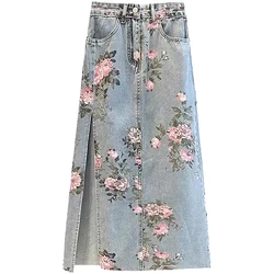 Floral Print Denim Long Skirts Womens Summer Vintage Maxi Jeans Skirt Size S - 5XL Side Split High Waist Women Long Skirt Korean