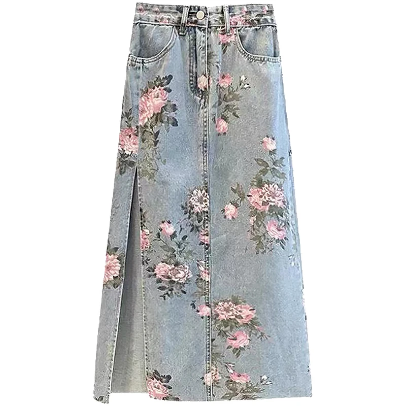 Kwiatowy nadruk Dżinsowe długie spódnice Damskie letnie Vintage Maxi Jeans Spódnica Rozmiar S - 5XL Rozcięcie z boku Wysoka talia Długa spódnica damska Koreański