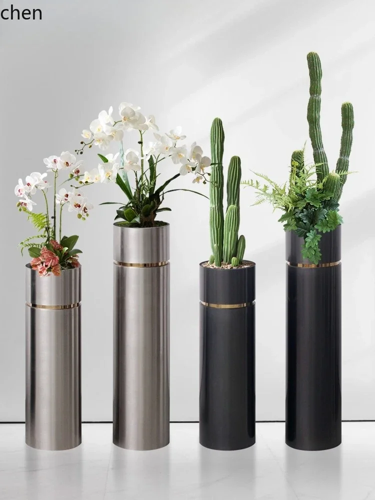 HT  Stainless Steel Floor Flower Vase Modern Entryway Faux Green Plant Vase Decoration