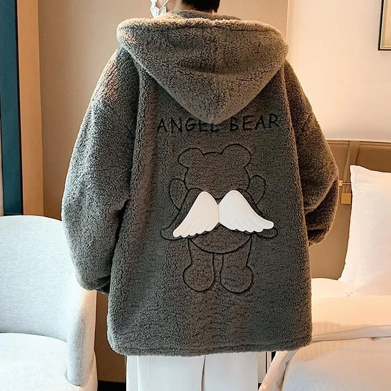 Y2K Fashion American New Bear Wings Lambswool Gothic Punk Style Loose Hooded Korean Fashion Couple Coat For Men And Women Clothe