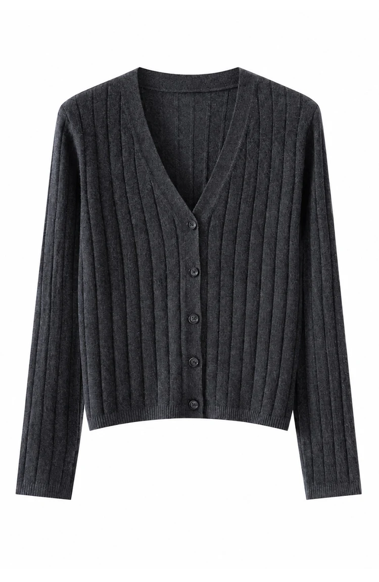 MZ62018 Damen Eleganter Gerippter Strickpullover mit V-Ausschnitt, Langen Ärmeln, Knopfleiste, Schmaler Passform, Modal-Mischung, Frühherbst-Pullover – Detail 13