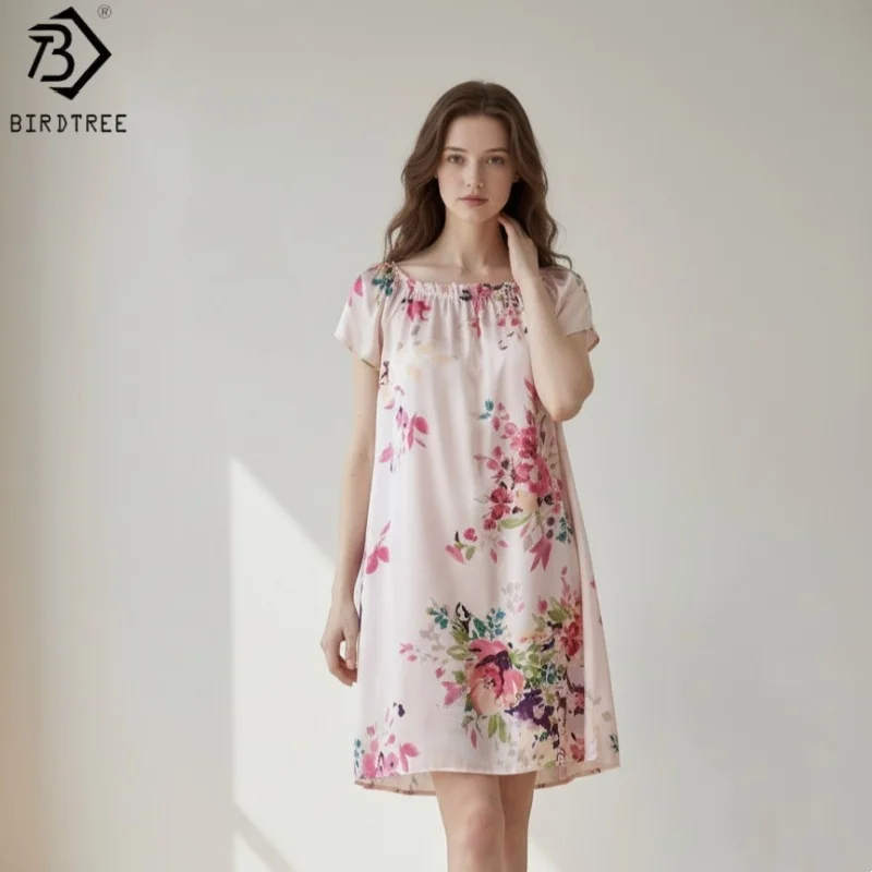 

BirdTree, 16 мм, 100% шелковая пижама-платье, женская однотонная атласная ночная рубашка с круглым вырезом, мягкая ночная сорочка с коротким рукавом, новинка Весна-Лето 2026 P62010JF