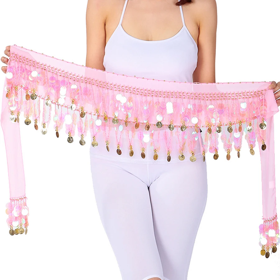 Paarse buikdans heupsjaal met pailletten, gouden munten, glanzende franje, elastische tailleband – perfect voor optredens, trainingen en D