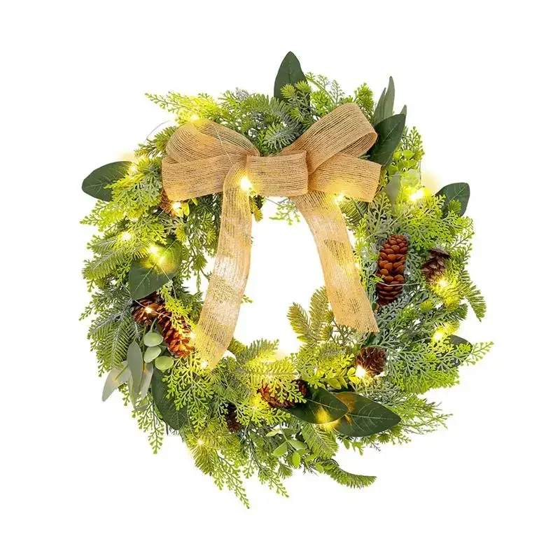 

Christmas linen bow glowing wreath door pendant Christmas pine cone rattan ring window shopping mall decoration