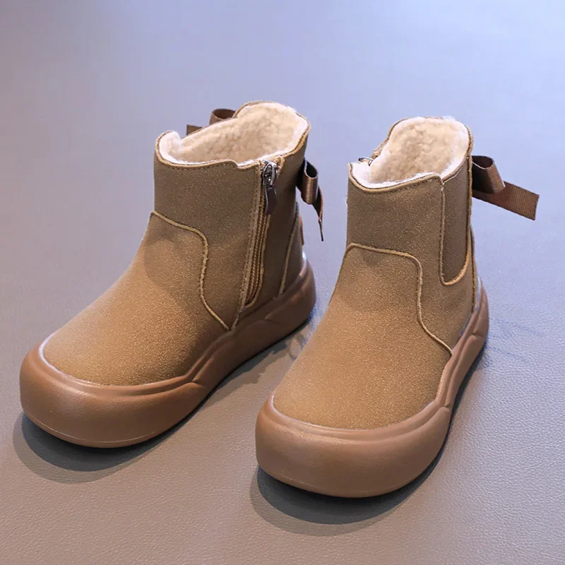 Botines de plataforma para niños, botas de nieve versátiles con lazo para invierno, botas térmicas informales de felpa cálidas para niñas y exteriores con cremallera lateral