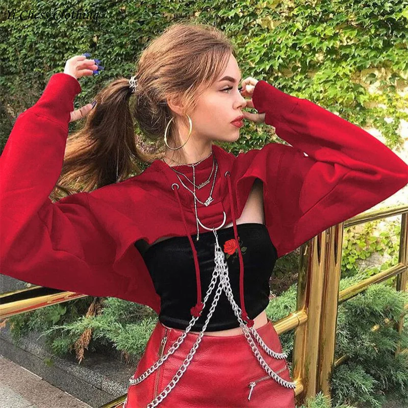 2024 Autumn/Winter New Women's Fashion Sexy Street Trend Solid Color Open Navel Chain Hoodie Top women sweatshirt