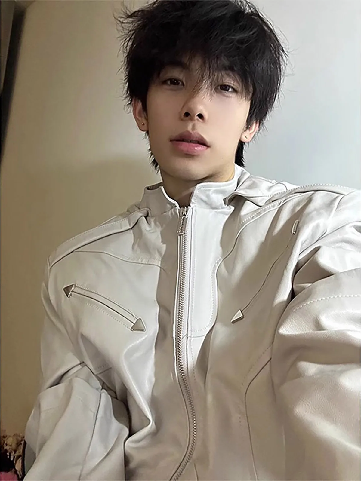 White Shoulder Pad PU Leather Jacket Men's Autumn Fashion High-End Feel Flight Motorcycle Vintage Biker Style Casual Loose Fit