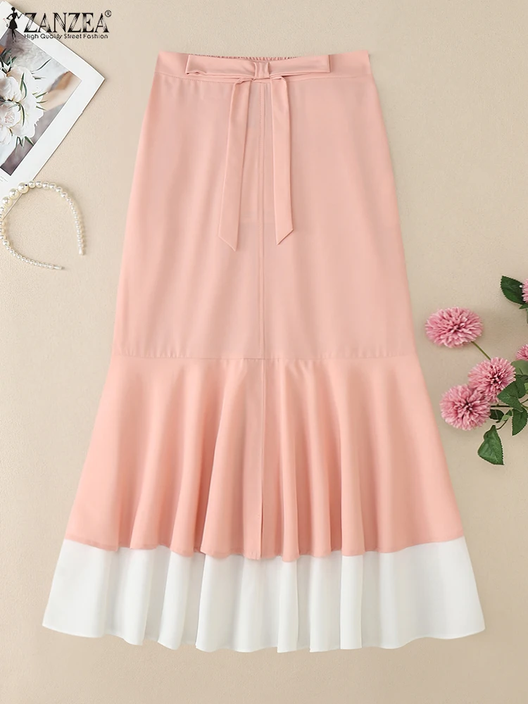 ZANZEA Herbst Hohe Taille A-line Midi Rock Elegante Frauen OL Arbeit Röcke Rüschen Saum Sommerkleid Stilvolle Patchwork Party Faldas Saia