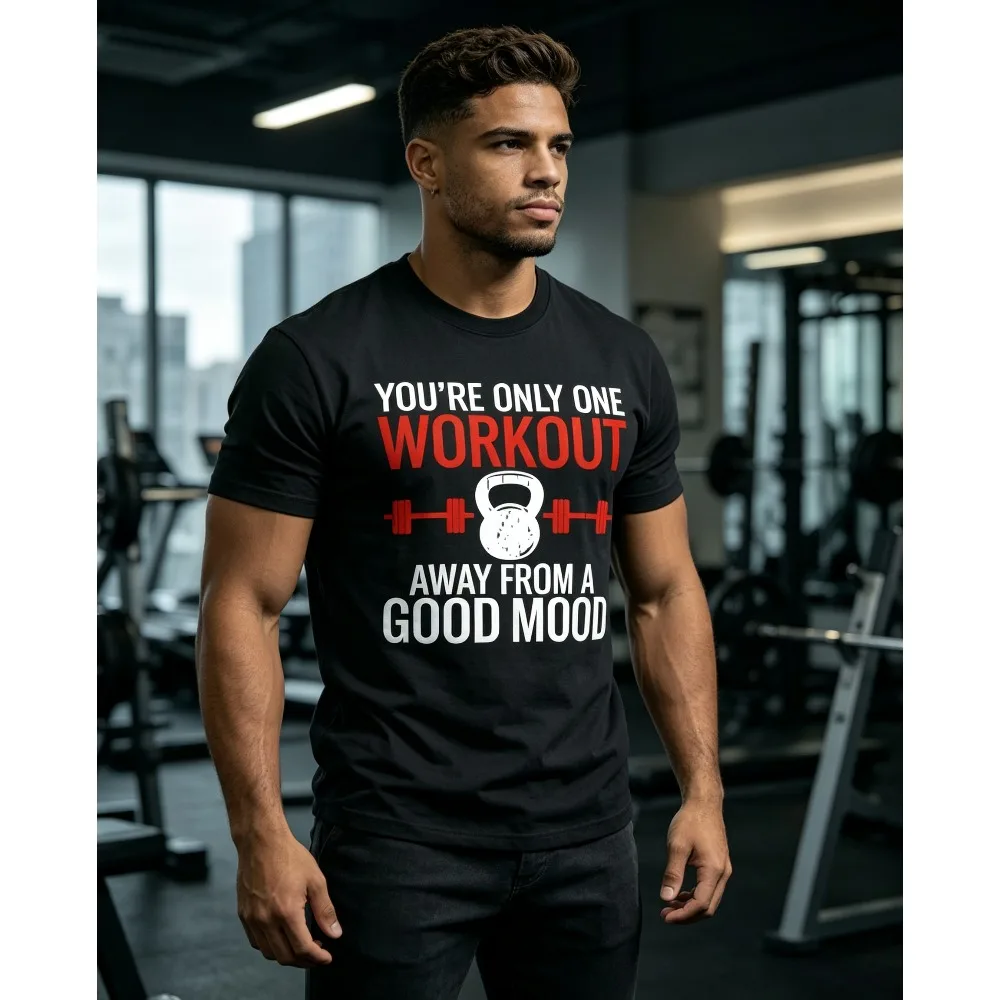 2026 New You're Only One Workout Away From A Good Mood Fitness T-shirt, Dumbbell Kettlebell Graphic, Gym Training Unisex Tops
