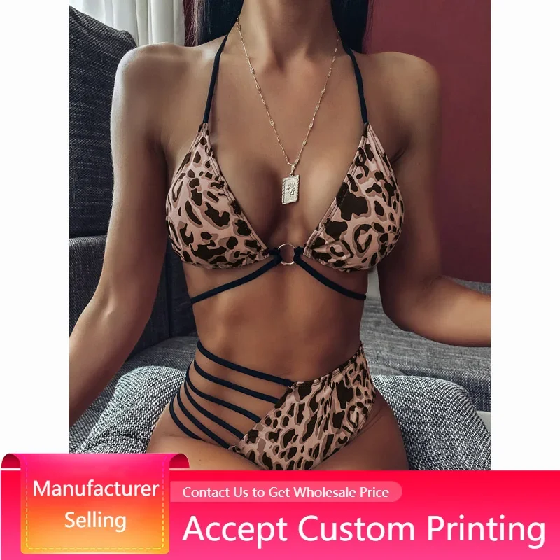 

2022 Bikini String Hollow Out Women Luxury Swimwear Push Up Deep V Leopard Sexy Bathing Suit