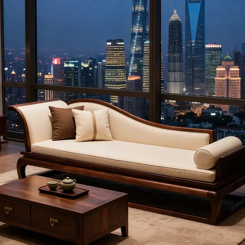 New Chinese Style Solid Wood Chaise Longue Living Room Sofa Recliner Black Walnut Light Luxury Simple Back Chair Fabric