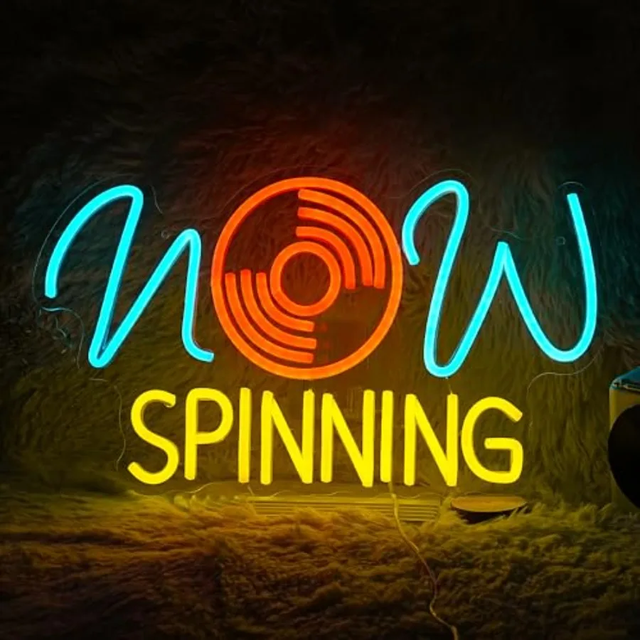 Record Neon Sign for Wall Decor Vintage Music Studio Neon Light Wall Art Dimmable Led Now Spinning Music Light Up Sign for Bar