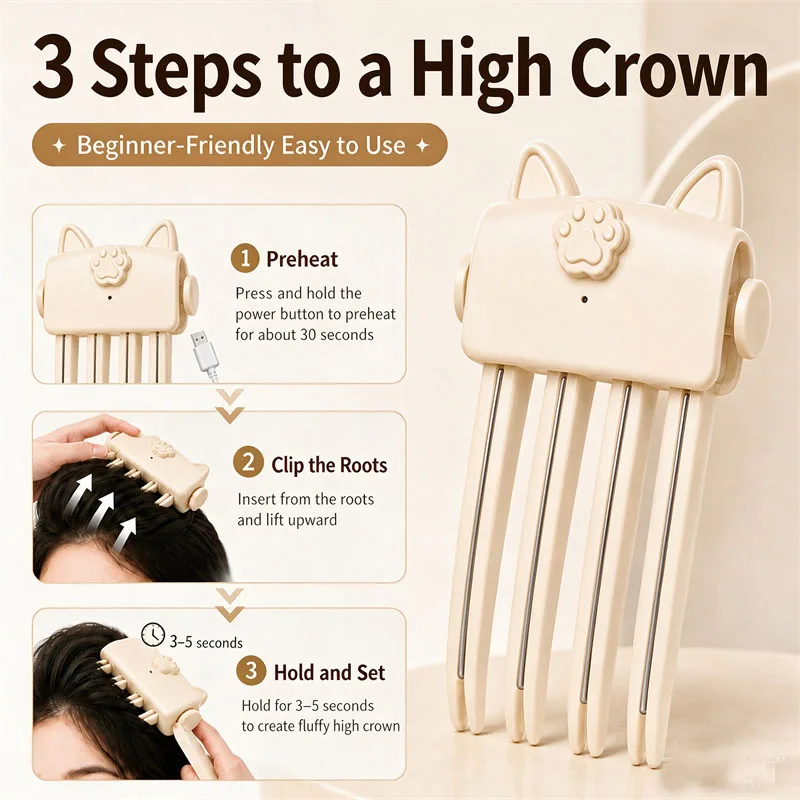 Wireless Heating Root Volumizing Clips Adjustable Anti-Scald High Crown Fluffy Hair Styling Tool High Cranial Top Hair Clips