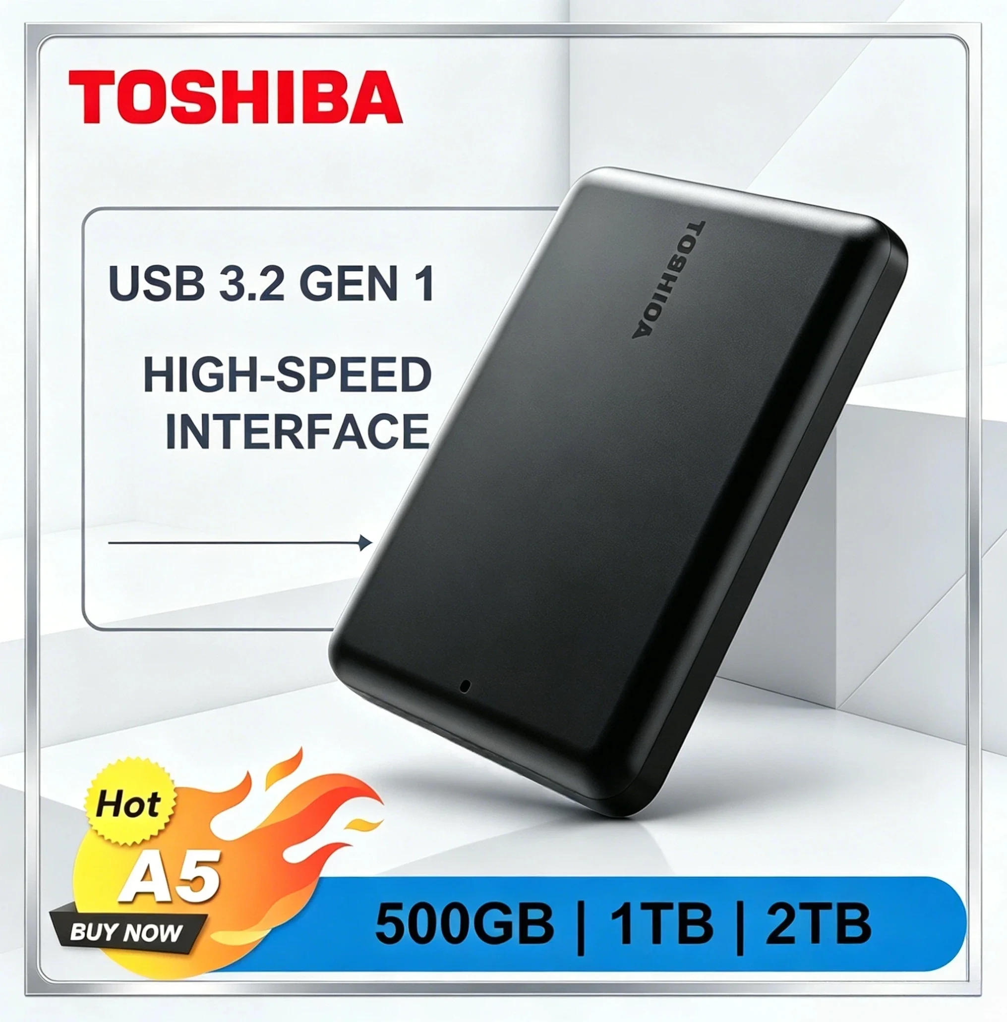 

Toshiba A5 Series Small Black Portable Hard Drive 500GB 1TB 2TB 4TB USB 3.2 Gen1 High Speed Compatible with Mac V30 A1 Max