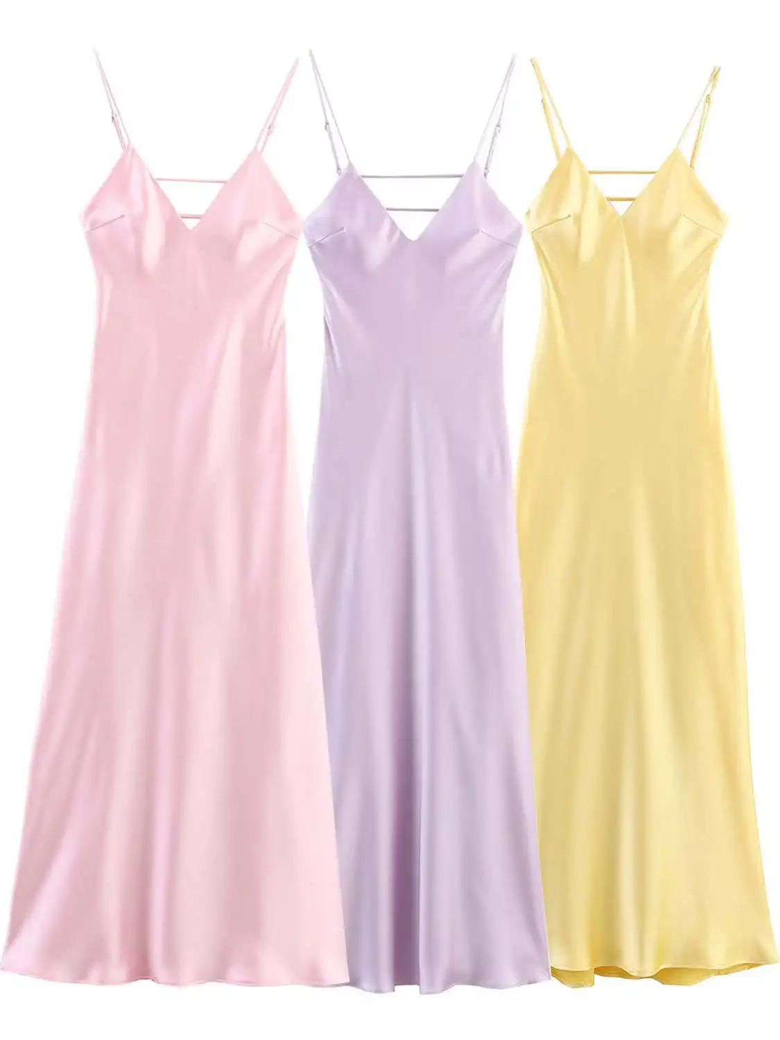 Sommer Neue Candy Farbe V-auss Seide Satin Textur Midi Strapl Dr frauen Faion Hohe Taille Pendeln Sle Casual Dr