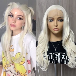 Platinum Blonde Wave Wig Synthetic Lace Front Wigs For Women White Blonde Natural Wave Lace Hair Long Wave Wig Cosplay Wig Party