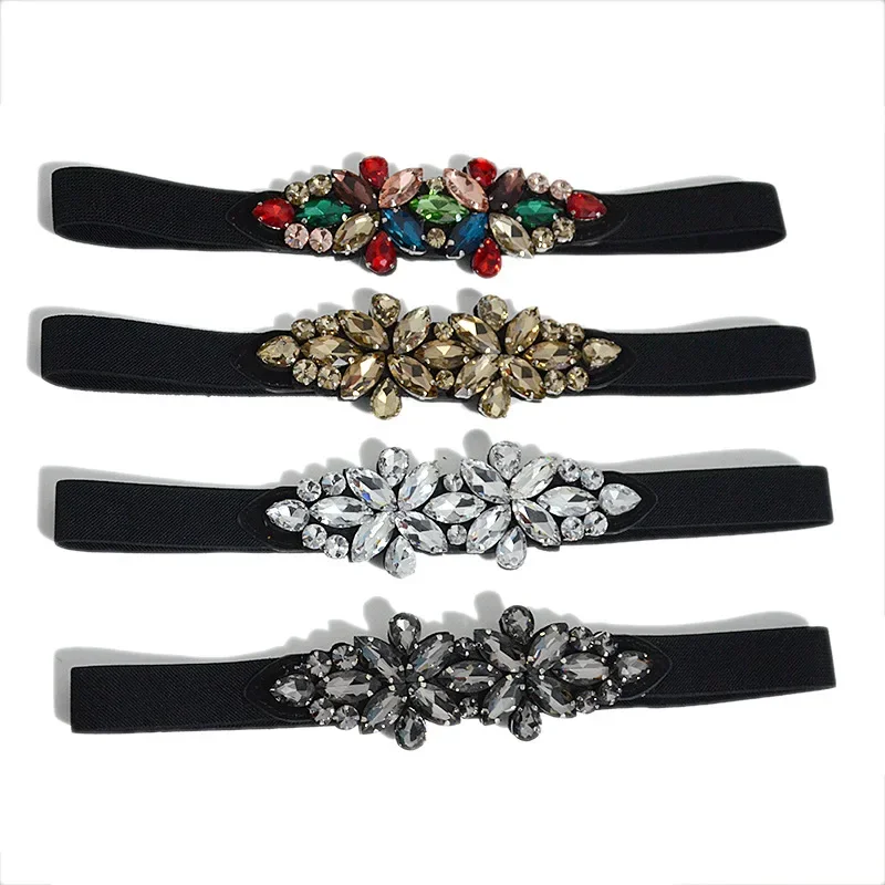 Women's Waistbands Fashionable Popular Elastic Rhinestones Inlaid Decorative Crystals Small Waistband  Paired Dress Belt