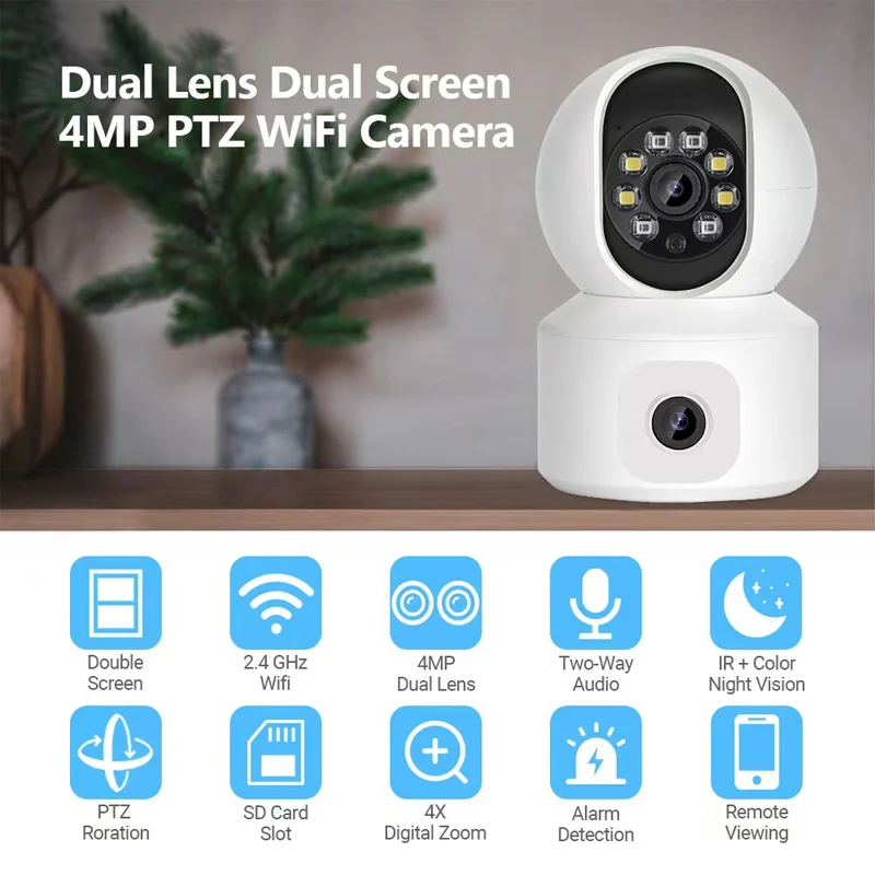 

Dual Lens Dual Screen 4MP PTZ WiFi Camera Mobile Remote Monitor Automatic Tracking Two Way Audio Intercom Motion Detect Alarm