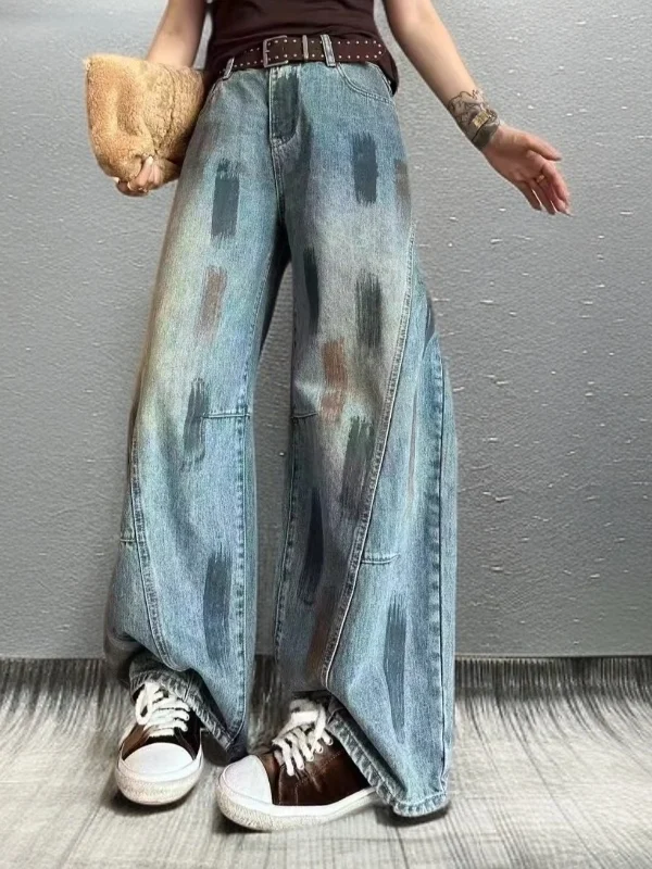 

Ретро-джинсы с широкими штанинами в американском стиле, женские модные прямые брюки, винтажные, с эффектом потертости, повседневные, с высокой талией