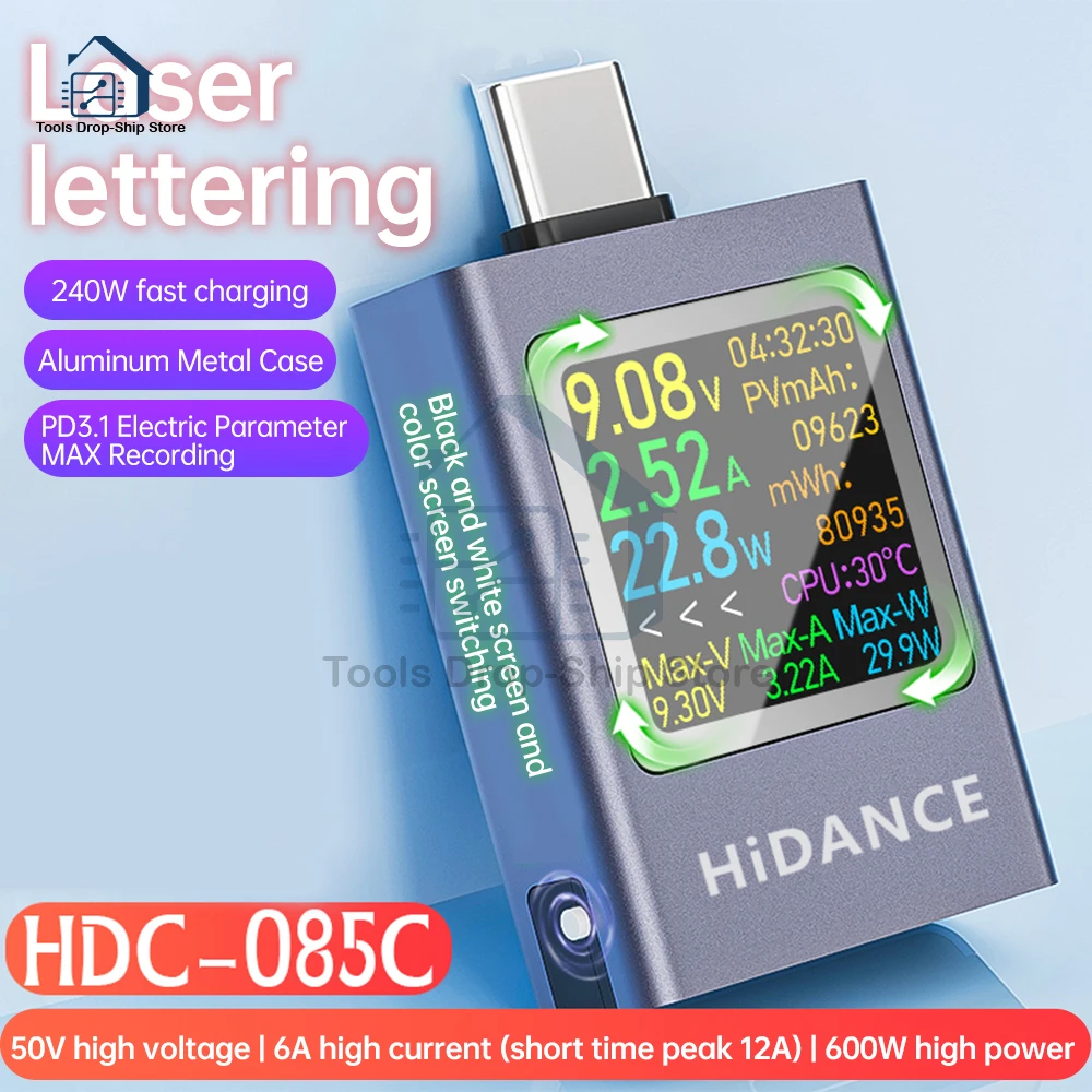 Multi-função Display Digital Amperímetro de Tensão dc Medidor de Potência Tipo-c Testador de Carregamento do Telefone Celular Hdc085c Pd3.1 dc 4.550v 012a