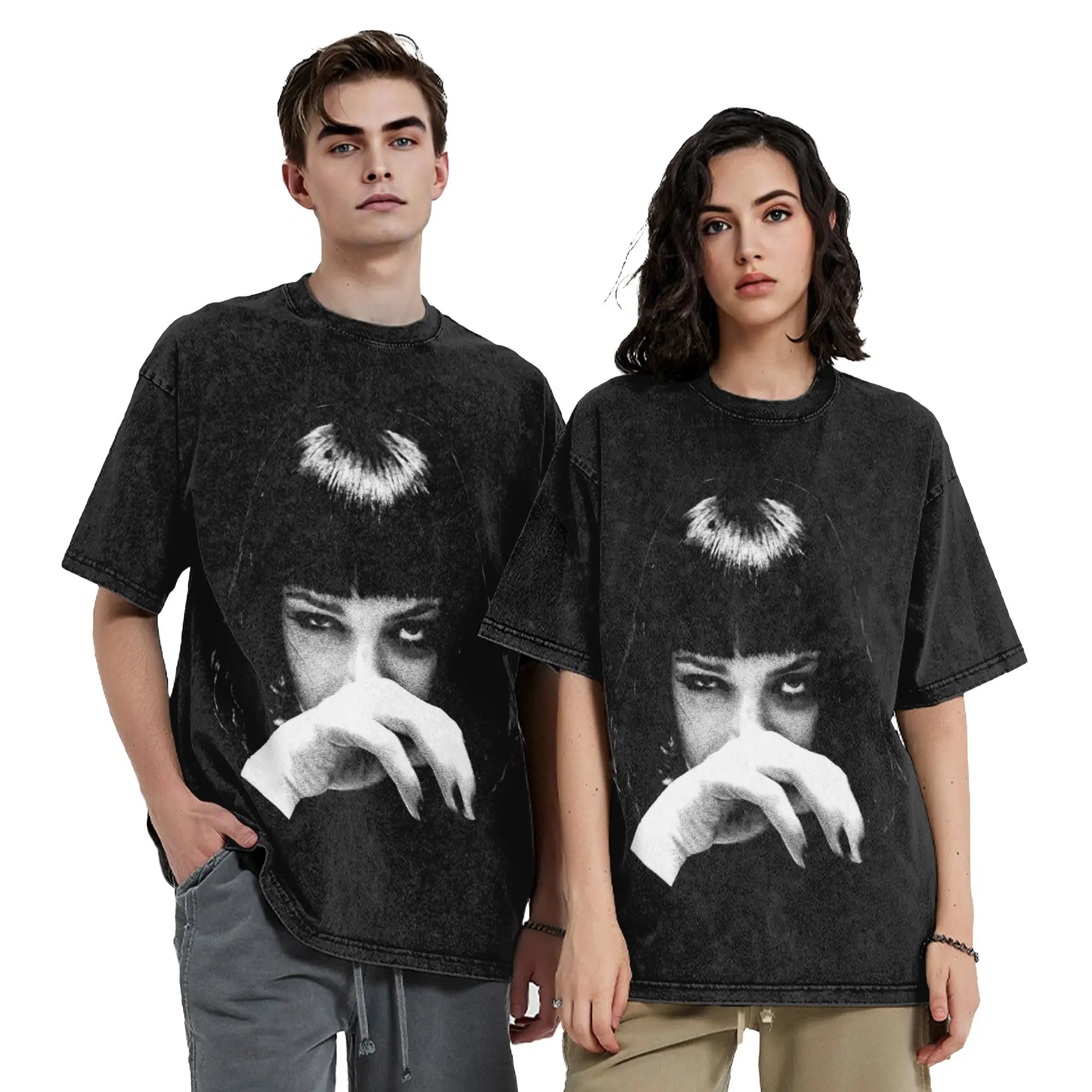 Mia Pulp Fiction Washed T Shirts Streetwear Hip Hop Retro T-Shirt  Tees Tops for Men Women 100% Cotton Oversize Printed
