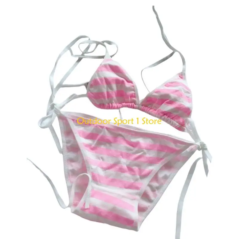

A0KA Women 2Pcs Lacing up Swimming Suit Beachwear Striped Strappy Swimwear Thong Set