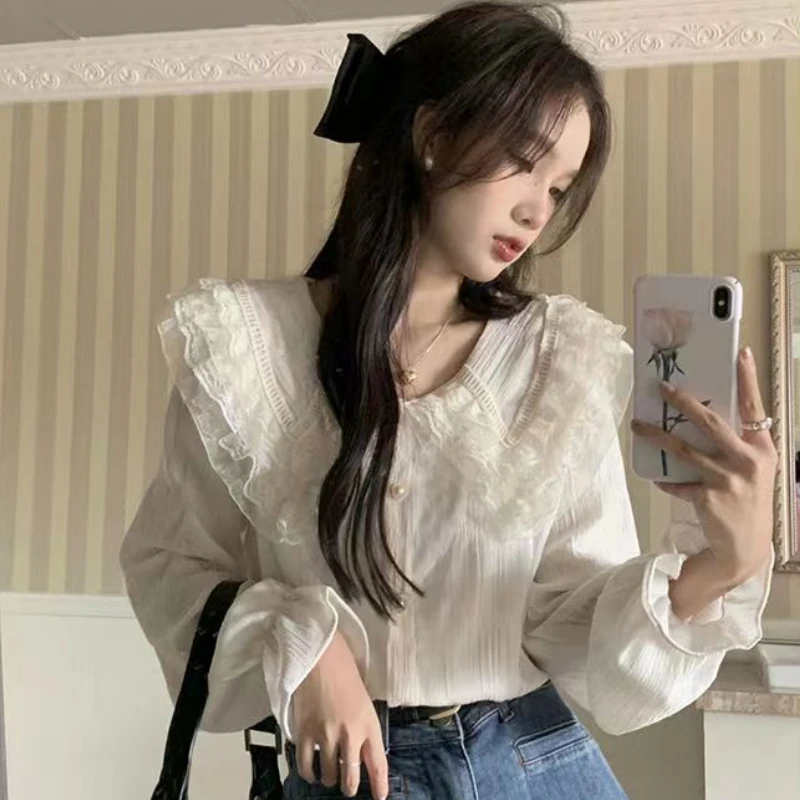 

Spring Long Sleeve Shirts Women Lovely Lace Peter Pan Collar Tops Gentle Chic Female Aesthetic Clothes Stylish Camisas De Mujer