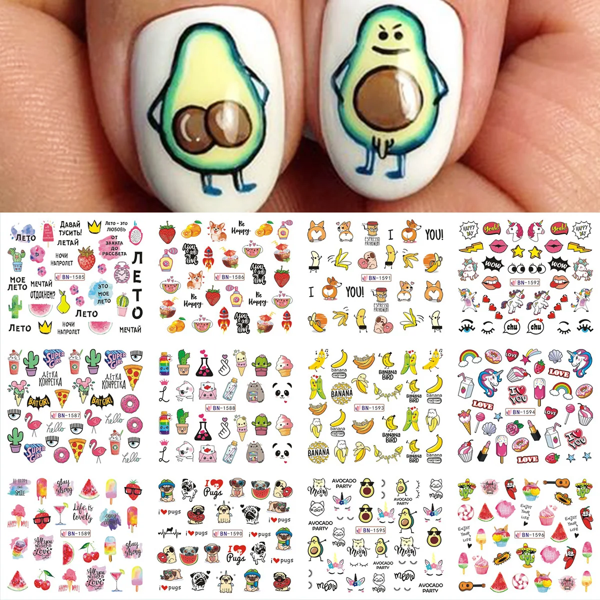 12 Design Water Transfer Nails Stickers Sliders Kawaii Cartoon Avocado Decals DIY Summer Spring Gel Polish Manicure Decoration