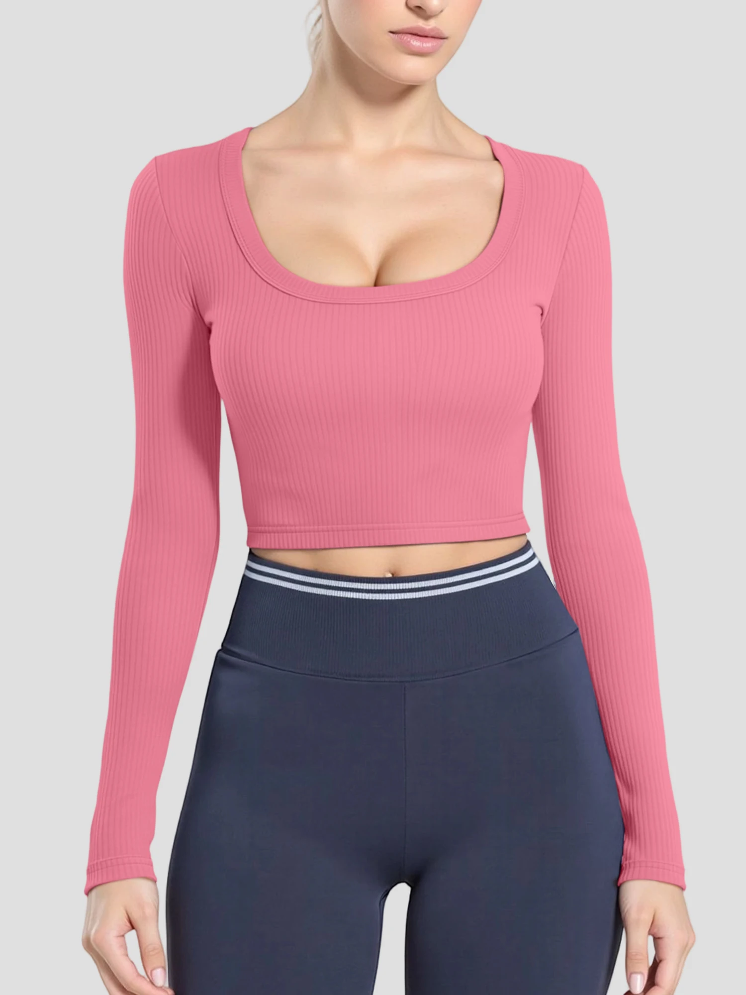 Daily Casual Slim Crop Knit Top, Long Sleeve Square Neck Blouse for Boutique Trips & Friend Reunions