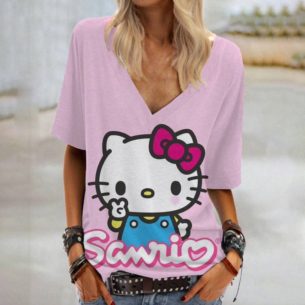 2025 New Summer High Quality Hello Kitty Anime Printed T-shirt Vitality Street Casual Women's V-neck Short sleeved Top