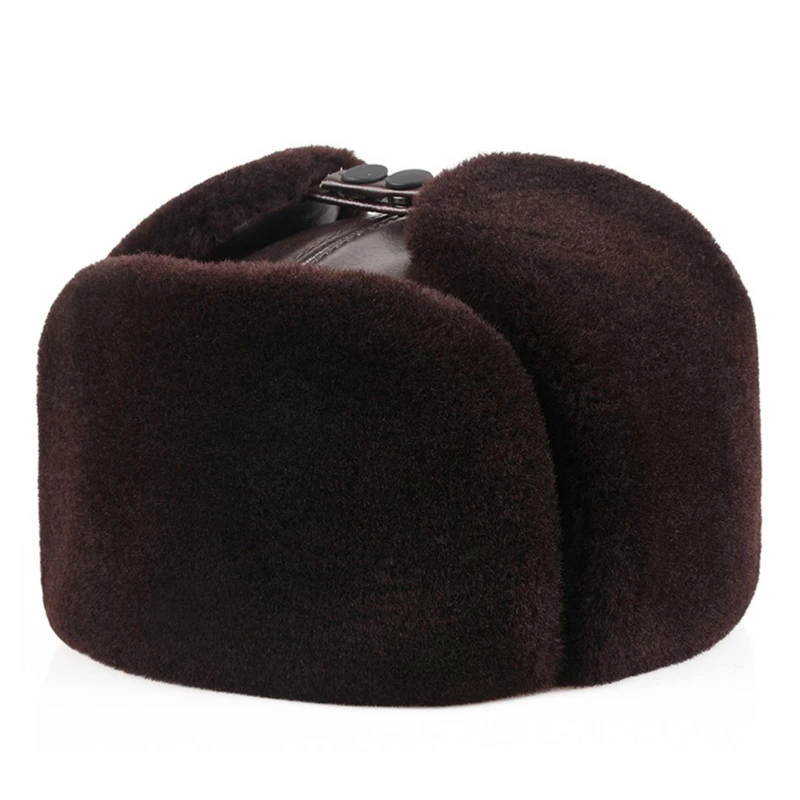 Male Winter Warm Ear Protection Bomber Hat Man Genuine Leather Faux Fur Military Cap Inside Black Brown 55-60cm Flat Roof Caps